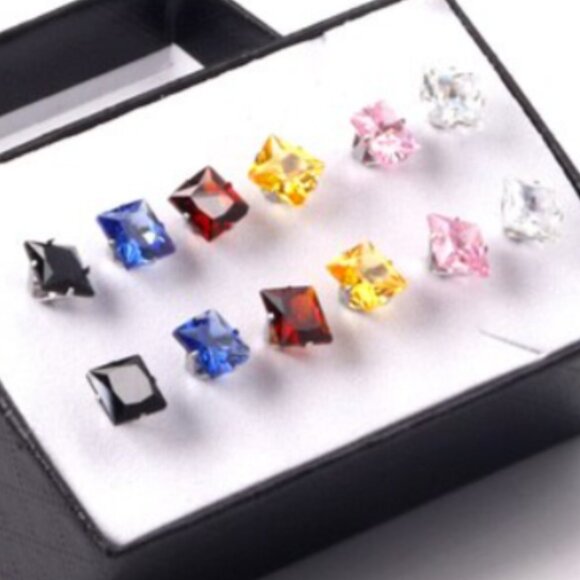 SET OF 6 Hypoallergenic 7MM Multi Color Faceted Princess Cut Stainless Steel NWT - Picture 1 of 7